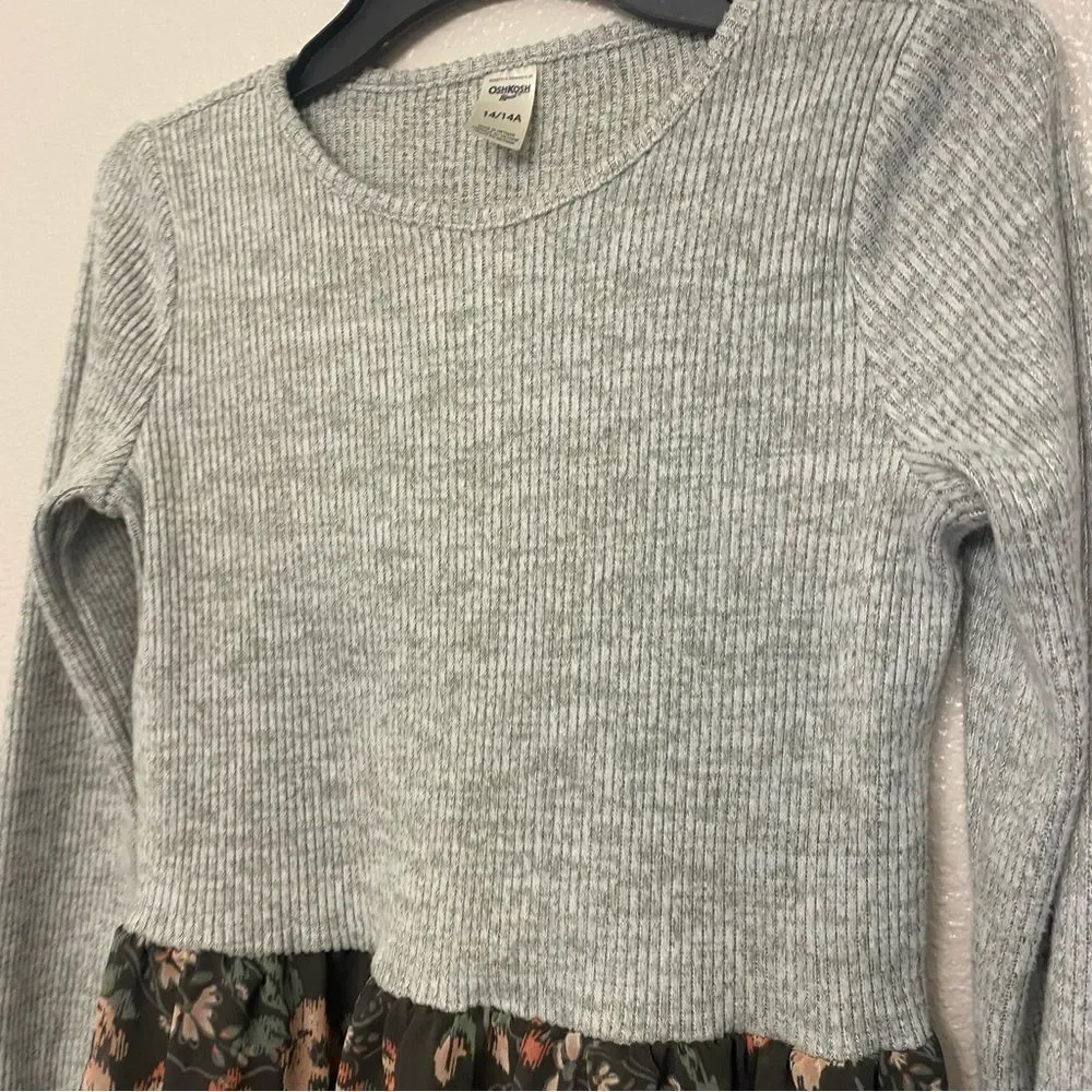 OshKosh gray cozy knit ribbed crew neck long sleeve sweater dress floral 14